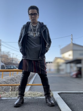 「ショートヘア」｜「アイテム（ライダースジャケット）」を使った、眞理さん（メンズ・172cm）の春コーディネート