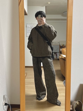 「WESTBOY（ウエストボーイ）のルーズバギーデニムパンツ/フレアデニムパンツWO22W3PT02【WB ORIGINALS】【2022AW】（デニムパンツ、ブラック系）」を使った、ばせさん（メンズ・170cm）の冬コーディネート