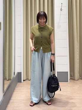 「LOWRYS FARM（ローリーズファーム）のメランジポロフレンチスリーブ　1045953（ベスト、グリーン系）」を使った、yurie0407さん（レディース・154cm）の夏コーディネート