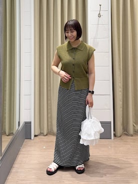 「LOWRYS FARM（ローリーズファーム）のメランジポロフレンチスリーブ　1045953（ベスト、グリーン系）」を使った、yurie0407さん（レディース・154cm）の夏コーディネート