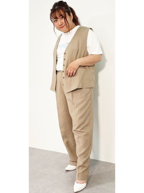 CHIC STYLE パンツ 「大きいサイズ」レーヨン麻2タックワイド