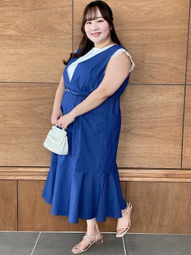 「大きいサイズレディースファッション」｜「アイテム（ジャンパースカート）」を使った、nissen Smile Modelsさん（レディース・158cm）の春コーディネート