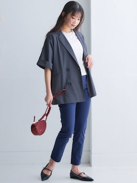 「nissen（ニッセン）のしわになりにくいオーバーサイズ５分袖シャツジャケット（ストレッチ・接触冷感・UVカット）＜大きいサイズ有＞（テーラードジャケット）」を使った、nissen Smile Modelsさん（レディース・166cm）の春コーディネート