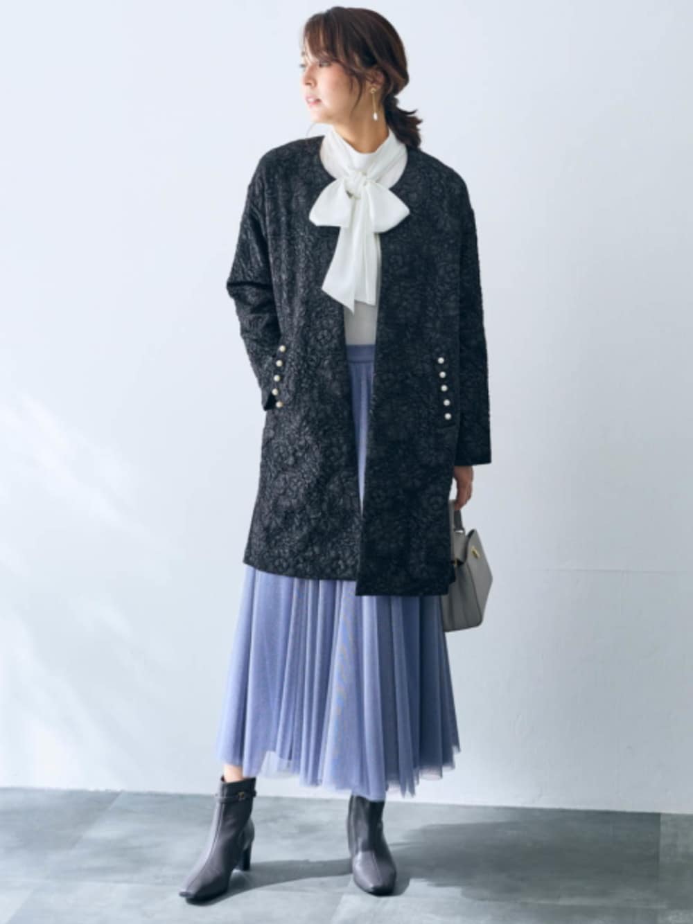 ニット セーター レディース リボン付異素材使いボリューム袖 トップス Hana服 M/L ニッセン nissen ニッセン ニット セーター レディース リボン付異素材使い
