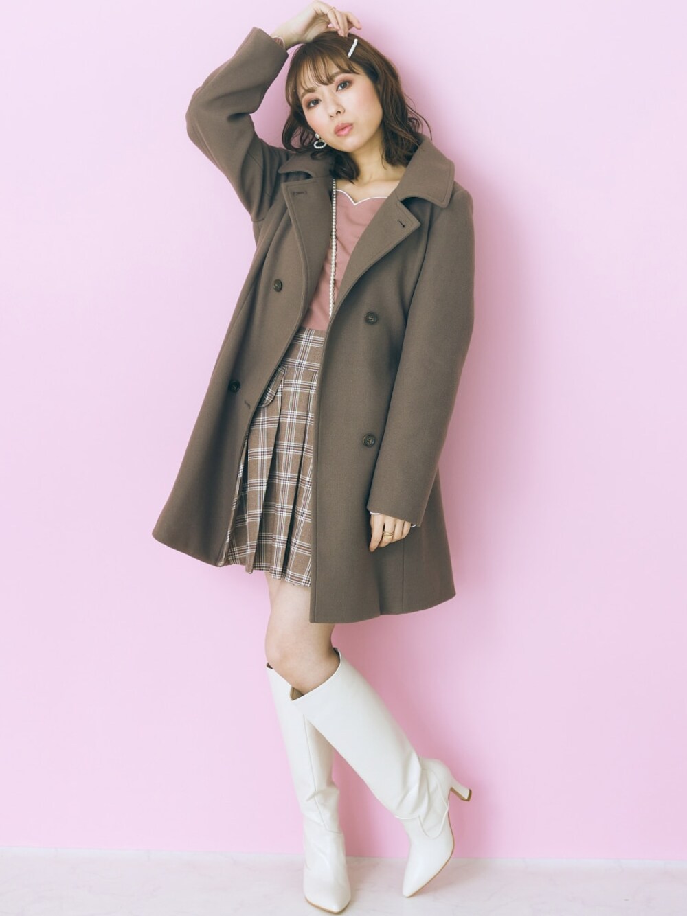 「大きいサイズレディースファッション、モデル、レギュラー、Marun」｜「marunの大きいサイズ　チェックスカショーパンmarun（その他パンツ、ブラウン系）」を使った、nissen Smile Modelsさん（レディース・162cm）の秋コーディネートの1枚目の写真