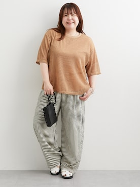 「nissen（ニッセン）のさらっとラクな先染めサッカーワイドパンツ＜大きいサイズ有＞（パンツ、ブラック系）」を使った、nissen Smile Modelsさん（レディース・158cm）の春コーディネート