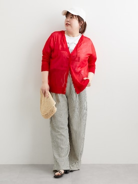 「nissen（ニッセン）のさらっとラクな先染めサッカーワイドパンツ＜大きいサイズ有＞（パンツ、ブラック系）」を使った、nissen Smile Modelsさん（レディース・158cm）の春コーディネート