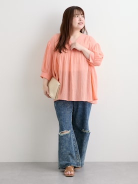 「nissen（ニッセン）の大きいサイズ 綿100％ゆるストレートクラッシュデニムパンツ（ゆったりヒップ）（パンツ、ブルー系）」を使った、nissen Smile Modelsさん（レディース・158cm）の夏コーディネート