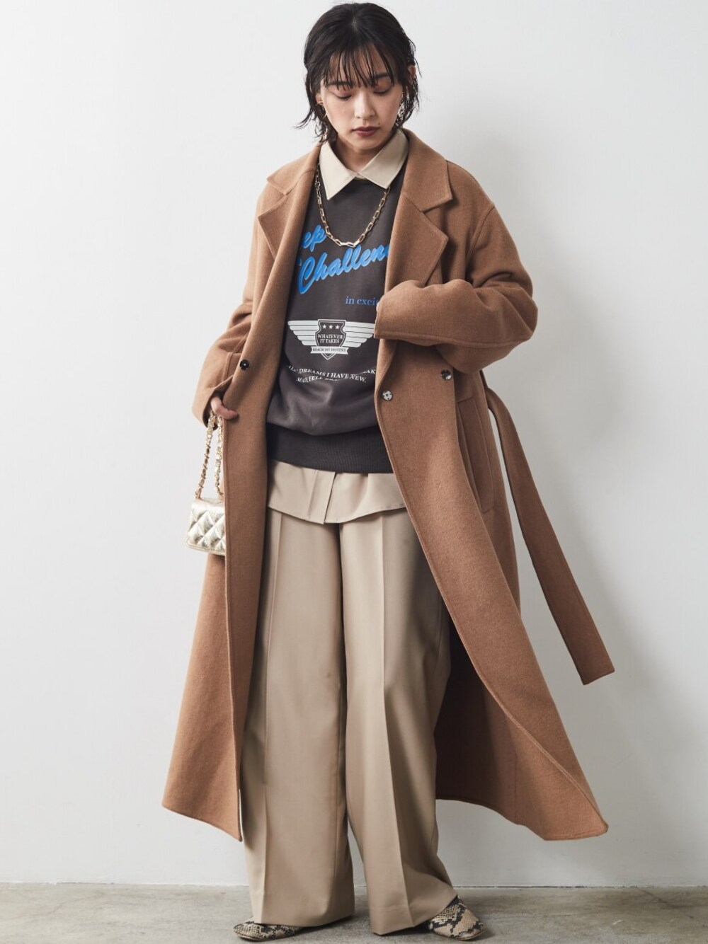 「大きいサイズレディースファッション、モデル、レギュラー、CHIC STYLE」｜「CHIC STYLEの大きいサイズ T/Rシャツチュニック シックスタイル（シャツ/ブラウス、ベージュ系）」を使った、nissen Smile Modelsさん（レディース・163cm）の秋コーディネートの1枚目の写真