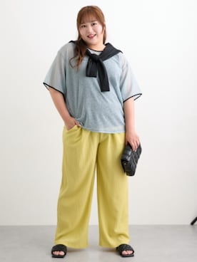 「nissen（ニッセン）の5分袖シアーボーダーゆるシルエットプルオーバー＜大きいサイズ有＞（T Shirts、ブルー系）」を使った、nissen Smile Modelsさん（レディース・160cm）の夏コーディネート