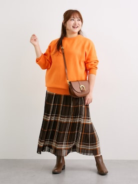 「nissen（ニッセン）のスウェットライクラグランニット（ニット/セーター、オレンジ系）」を使った、nissen Smile Modelsさん（レディース・155cm）の秋コーディネート