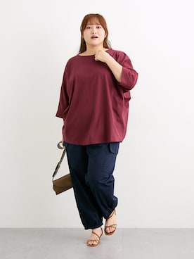 「nissen（ニッセン）の綿１００％バスク7分袖ドルマントップス（UVカット）＜大きいサイズ有＞（Tシャツ/カットソー、レッド系）」を使った、nissen Smile Modelsさん（レディース・155cm）の秋コーディネート