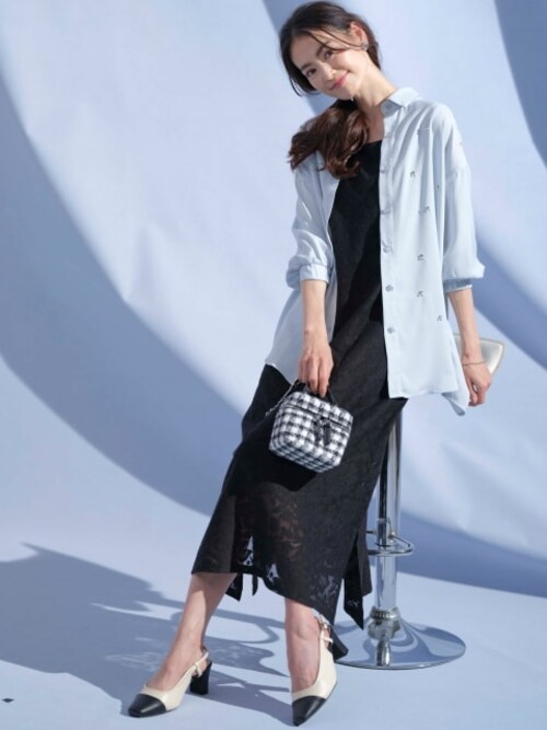 ビジュー付7分袖ロングシャツ【Hana服】【コーディネートID