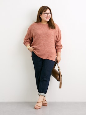 「nissen（ニッセン）のリブ見えカットソーサイドスリットプルオーバー＜大きいサイズ有＞（Tシャツ/カットソー、ブラウン系）」を使った、nissen Smile Modelsさん（レディース・155cm）の秋コーディネート