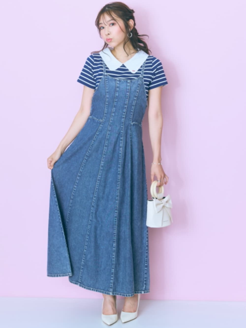 「大きいサイズレディースファッション、モデル、レギュラー、夏コーデ、marun、かわいい」｜「marunの＜大きいサイズ＞衿元刺しゅうシャツドッキングトップス marun（Tシャツ/カットソー、ブルー系）」を使った、nissen Smile Modelsさん（レディース・167cm）の夏コーディネートの1枚目の写真
