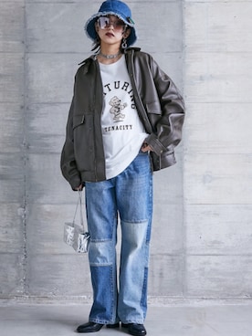 「大きいサイズレディースファッション」｜「アイテム（ブルゾン）」を使った、nissen Smile Modelsさん（レディース・163cm）の夏コーディネート