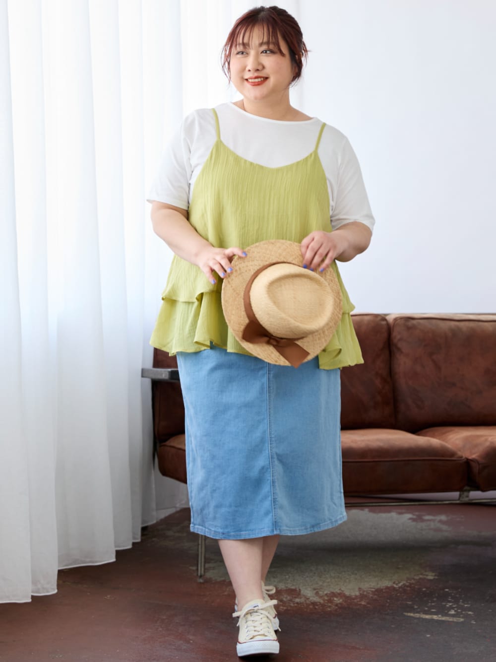 「大きいサイズレディースファッション、モデル、ぽっちゃり、夏コーデ、150㎝台コーデ、pattok、Smile Land、Re:Ripi.365」｜「nissenの大きいサイズ 夏のトレンド2点セット（Tシャツ+ティアードキャミソール）（Tシャツ/カットソー、ホワイト系）」を使った、nissen Smile Modelsさん（レディース・155cm）の春コーディネートの1枚目の写真