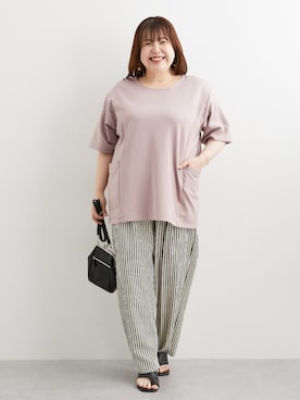 「nissen（ニッセン）のさらっとラクな先染めサッカーワイドパンツ＜大きいサイズ有＞（パンツ、ブラック系）」を使った、nissen Smile Modelsさん（レディース・158cm）の春コーディネート
