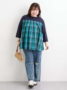 「nissen（ニッセン）の大きいサイズ 綿100％ゆるストレートクラッシュデニムパンツ（ゆったりヒップ）（パンツ、ブルー系）」を使った、nissen Smile Modelsさん（レディース・158cm）の夏コーディネート