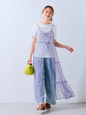 「nissen（ニッセン）の＜大きいサイズ＞【接触冷感】ライトオンスプチワイドストレートパンツ（ゆったりヒップ）（パンツ、ブルー系）」を使った、nissen Smile Modelsさん（レディース・158cm）の夏コーディネート