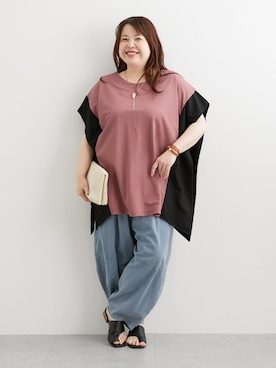 「nissen（ニッセン）のピグメント染ボリュームコクーンデニムパンツ＜大きいサイズ有＞（パンツ、ブルー系）」を使った、nissen Smile Modelsさん（レディース・158cm）の春コーディネート