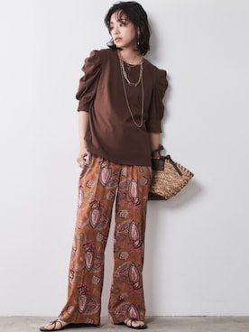 「CHIC STYLE（シックスタイル）の＜大きいサイズ＞エスニックプリントリラックスパンツ シックスタイル（その他パンツ）」を使った、nissen Smile Modelsさん（レディース・163cm）の春コーディネート
