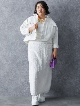 「大きいサイズレディースファッション」｜「アイテム（デニムジャケット）」を使った、nissen Smile Modelsさん（レディース・163cm）の春コーディネート