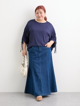 「nissen（ニッセン）の＜大きいサイズ＞マキシ丈デニムスカート（ゆったりヒップ）（スカート、ブルー系）」を使った、nissen Smile Modelsさん（レディース・158cm）の夏コーディネート