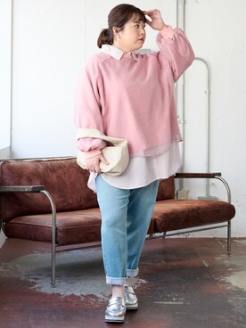 「大きいサイズレディースファッション」｜「アイテム（スウェットパンツ）」を使った、nissen Smile Modelsさん（レディース・158cm）の冬コーディネート