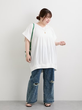 「nissen（ニッセン）の大きいサイズ 綿100％ゆるストレートクラッシュデニムパンツ（ゆったりヒップ）（パンツ、ブルー系）」を使った、nissen Smile Modelsさん（レディース・158cm）の夏コーディネート