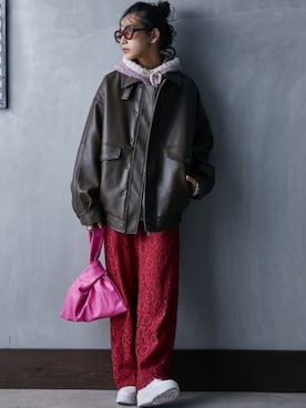 「大きいサイズレディースファッション」｜「アイテム（ブルゾン）」を使った、nissen Smile Modelsさん（レディース・163cm）の秋コーディネート