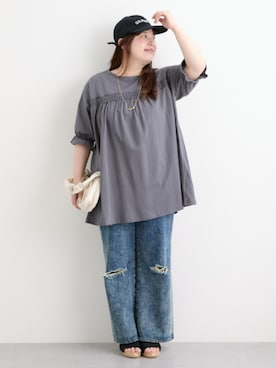 「nissen（ニッセン）の大きいサイズ 綿100％ゆるストレートクラッシュデニムパンツ（ゆったりヒップ）（パンツ、ブルー系）」を使った、nissen Smile Modelsさん（レディース・158cm）の夏コーディネート