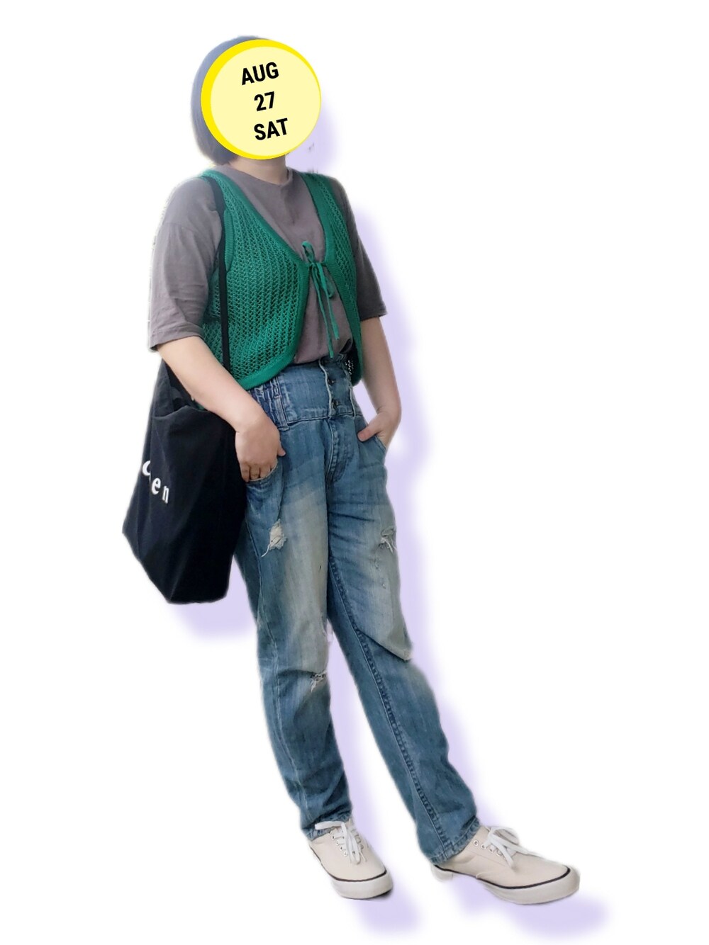 「ベスト、ぽっちゃり、ぽっちゃりでもおしゃれしたい！、ジーンズ、スニーカー、トートバッグ、夏セールで買いました、プチプラ、カジュアル、ラフ、秋カラー、レイヤードスタイル、ootd、クロシェ編み、ゆるコーデ」｜「kutirのクロシェニットベスト（ベスト、グリーン系）」を使った、sunleafさん（レディース・161cm）の夏コーディネートの1枚目の写真