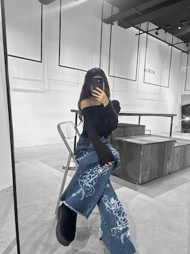 「MURUA（ムルーア）のダメージフラワーワイドデニム（デニムパンツ、ブルー系）」を使った、juriさん（レディース・153cm）の冬コーディネート