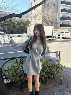 「MURUA（ムルーア）のデザインレースアップミニワンピース（ワンピース、グレー系）」を使った、juriさん（レディース・153cm）の冬コーディネート