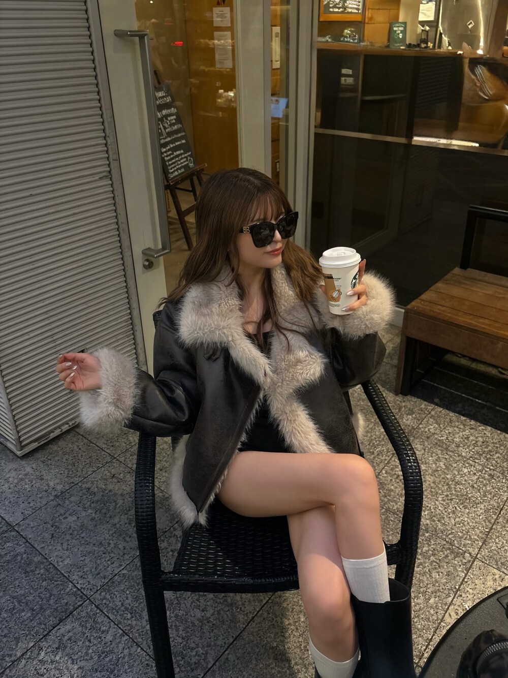 MURUA アンイーブンショートフェイクムートンジャケット ブラウン