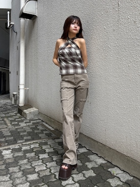 「MURUA（ムルーア）のマルチwayチェックベアブラウス（シャツ/ブラウス、ブラウン系）」を使った、juriさん（レディース・153cm）の夏コーディネート