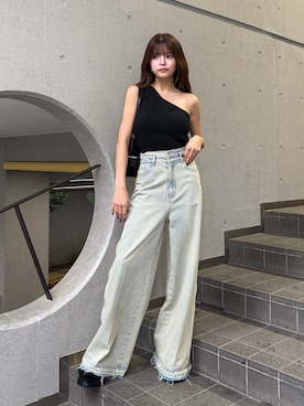 「MURUA（ムルーア）のカップ付きワンショルニットタンク　夏服（タンクトップ、ブラック系）」を使った、juriさん（レディース・153cm）の夏コーディネート