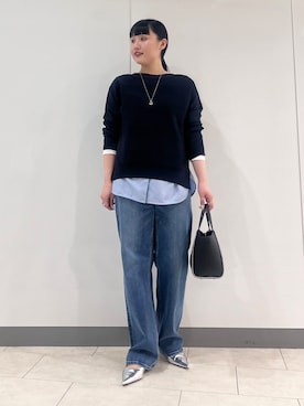 「INDIVI（インディヴィ）の【洗える／キレイ色】体型カバー無縫製ニット（ニット/セーター、ブルー系）」を使った、hasuさん（レディース・158cm）の春コーディネート