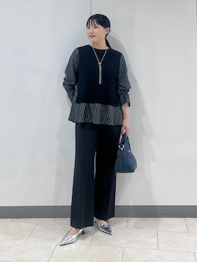 「INDIVI（インディヴィ）の【洗える／1枚でコーデ完成】重ね着風ニットトップス（Tシャツ/カットソー、ブラック系）」を使った、hasuさん（レディース・158cm）の秋コーディネート