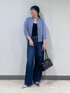 「INDIVI（インディヴィ）の【シアー／7分袖】体型カバーゆったりシャツ（シャツ/ブラウス、ブルー系）」を使った、hasuさん（レディース・158cm）の秋コーディネート