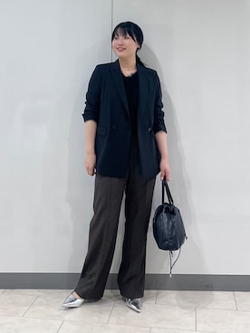 「INDIVI（インディヴィ）の【接触冷感/UVケア/着る日傘】ダブルジャケット（テーラードジャケット、ブラック系）」を使った、hasuさん（レディース・158cm）の秋コーディネート