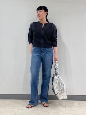 「INDIVI（インディヴィ）の【洗える／コットン】メッシュジップニットカーディガン（カーディガン/ボレロ、グレー系）」を使った、hasuさん（レディース・158cm）の夏コーディネート