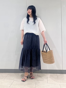 「INDIVI（インディヴィ）の【華奢見え】ジャカード ドルマントップス（Tシャツ/カットソー、ホワイト系）」を使った、hasuさん（レディース・158cm）の夏コーディネート