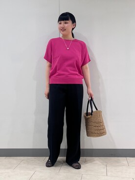 「INDIVI（インディヴィ）の【洗える／コットン】ドライタッチさらりニットT（ニット/セーター、ピンク系）」を使った、hasuさん（レディース・158cm）の春コーディネート