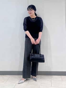 「INDIVI（インディヴィ）の【体型カバー／洗える】シアードルマンニット（ニット/セーター、ブラック系）」を使った、hasuさん（レディース・158cm）の夏コーディネート