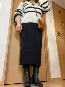 「ECRIRE（エクリール）のボーダーニットプルオーバー（ニット/セーター）」を使った、はちゅさん（レディース・155cm）の冬コーディネート