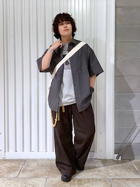 「アイテム（スラックス、ブラウン系）」を使った、もりさん（メンズ・159cm）の夏コーディネート