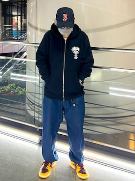 「NEW ERA（ニューエラ）のアイテム（キャップ、ブラック系）」を使った、くぅろさん（メンズ・165cm）の春コーディネート