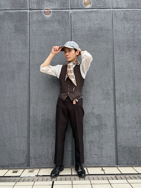 「OVERRIDE（オーバーライド）のOVERRIDE  CHECK PATTERN SCARF&CAP / オーバーライド（キャップ、ブルー系）」を使った、Rintaroさん（メンズ・161cm）の秋コーディネート